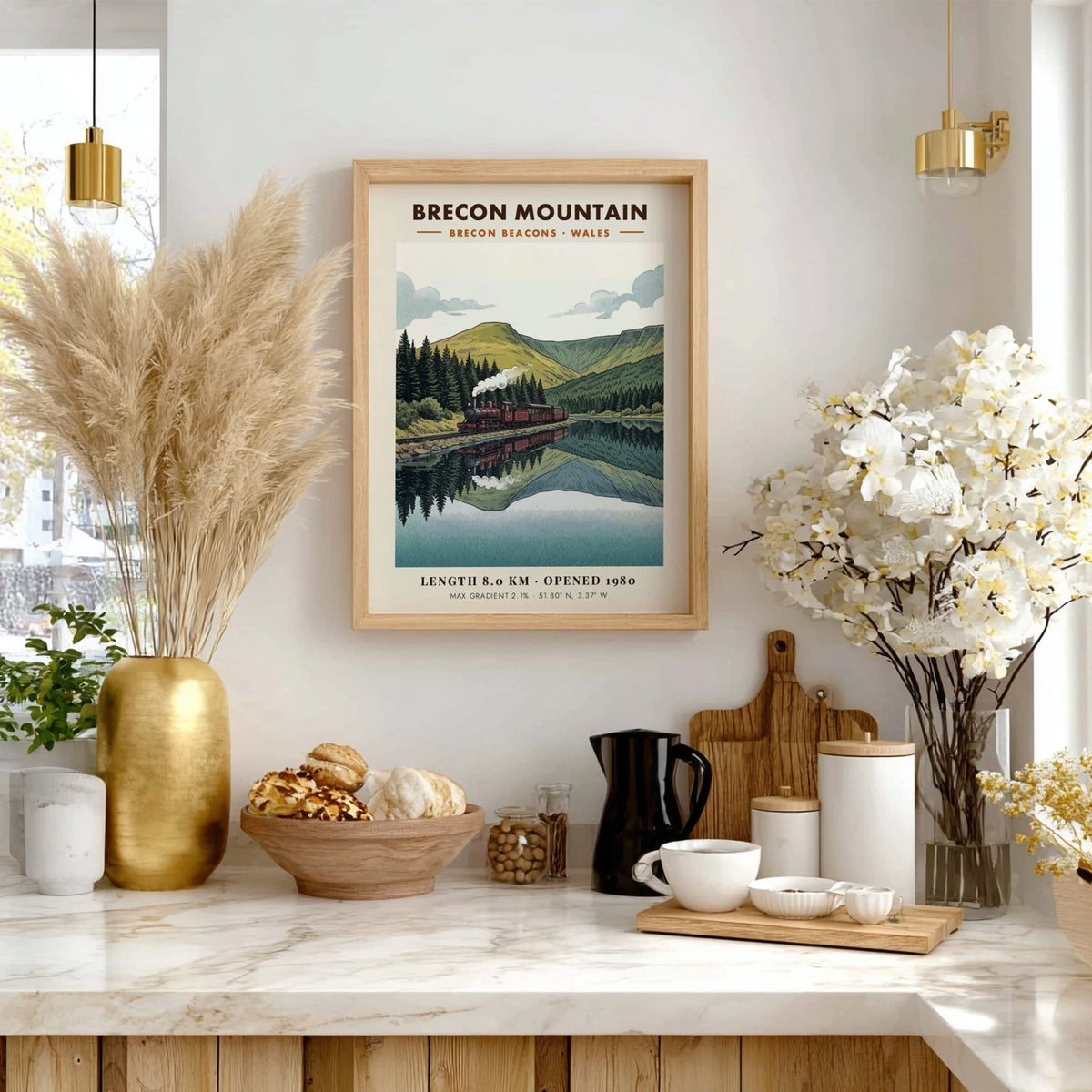 Poster featuring a steam train in the Brecon Beacons with a mountain reflection.
