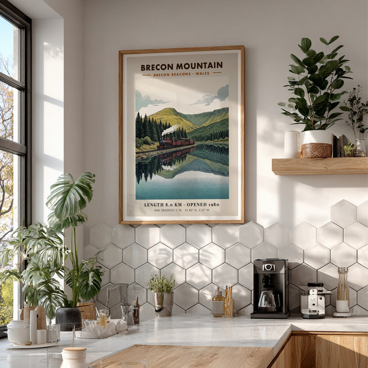 Poster featuring a steam train in the Brecon Beacons with a mountain reflection.