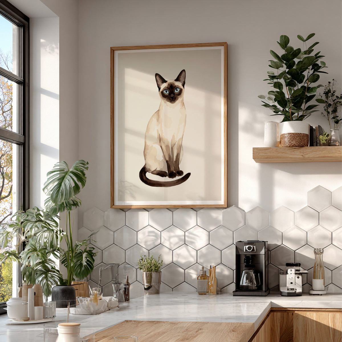 Poster featuring an elegant Siamese cat with striking blue eyes and dark chocolate points.
