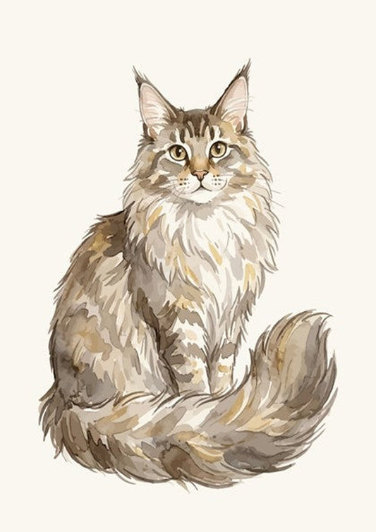 Watercolour poster featuring a fluffy Maine Coon cat with tufted ears in neutral tones.