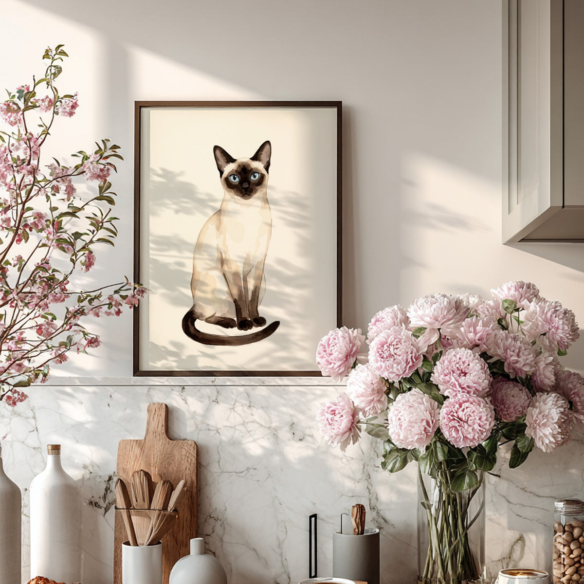 Poster featuring an elegant Siamese cat with striking blue eyes and dark chocolate points.