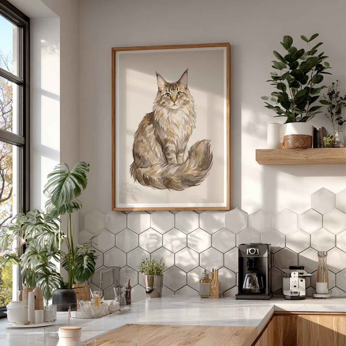 Watercolour poster featuring a fluffy Maine Coon cat with tufted ears in neutral tones.