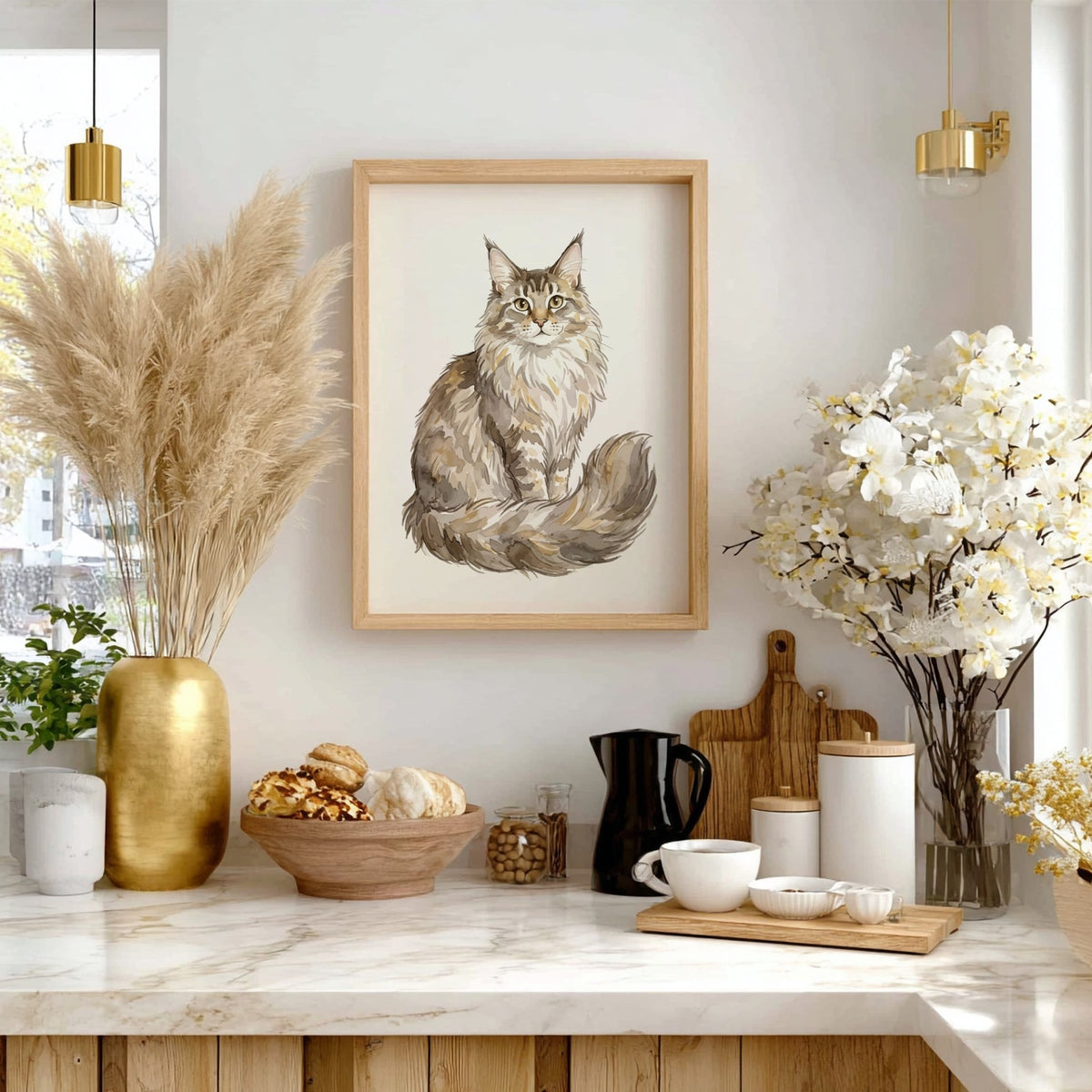 Watercolour poster featuring a fluffy Maine Coon cat with tufted ears in neutral tones.
