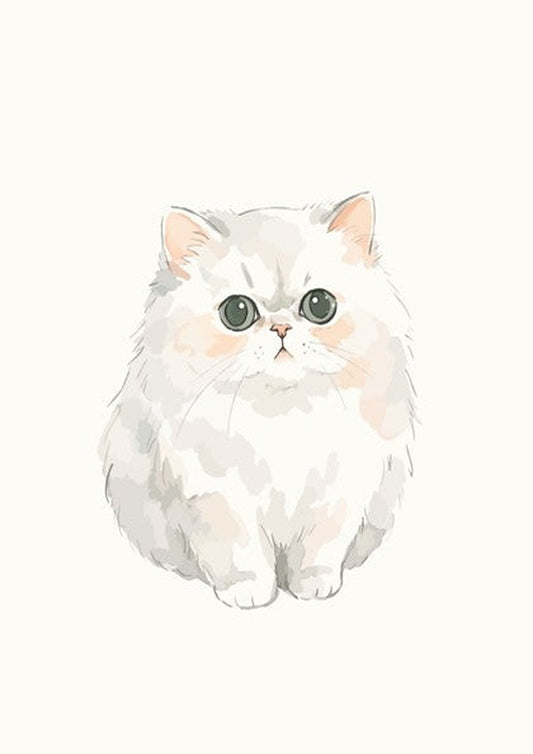 Poster featuring a fluffy cream Persian cat with large eyes in a soft illustration.