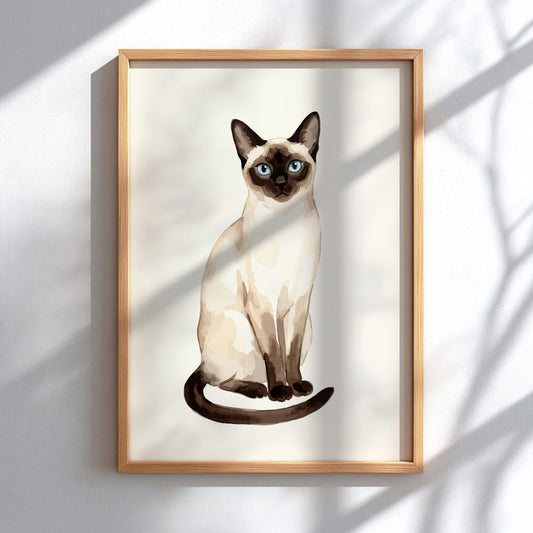 Poster featuring an elegant Siamese cat with striking blue eyes and dark chocolate points.