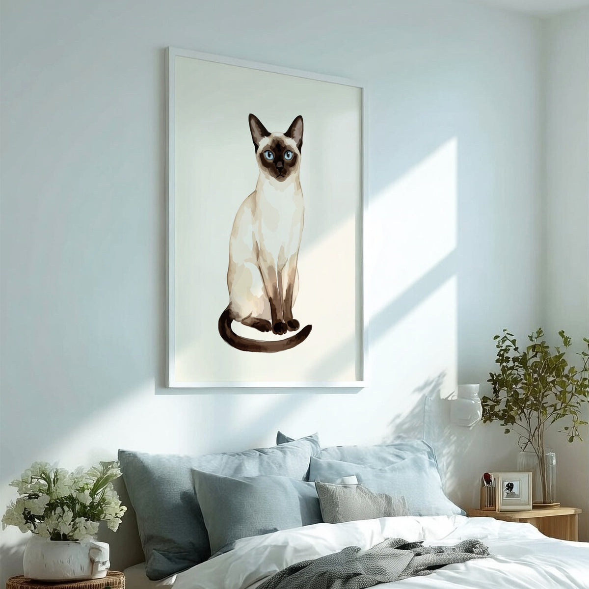Poster featuring an elegant Siamese cat with striking blue eyes and dark chocolate points.