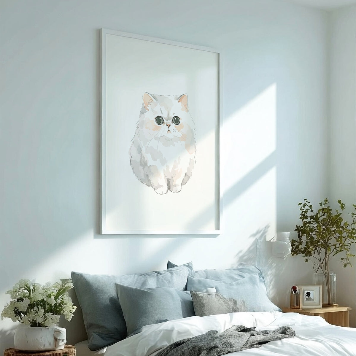 Poster featuring a fluffy cream Persian cat with large eyes in a soft illustration.