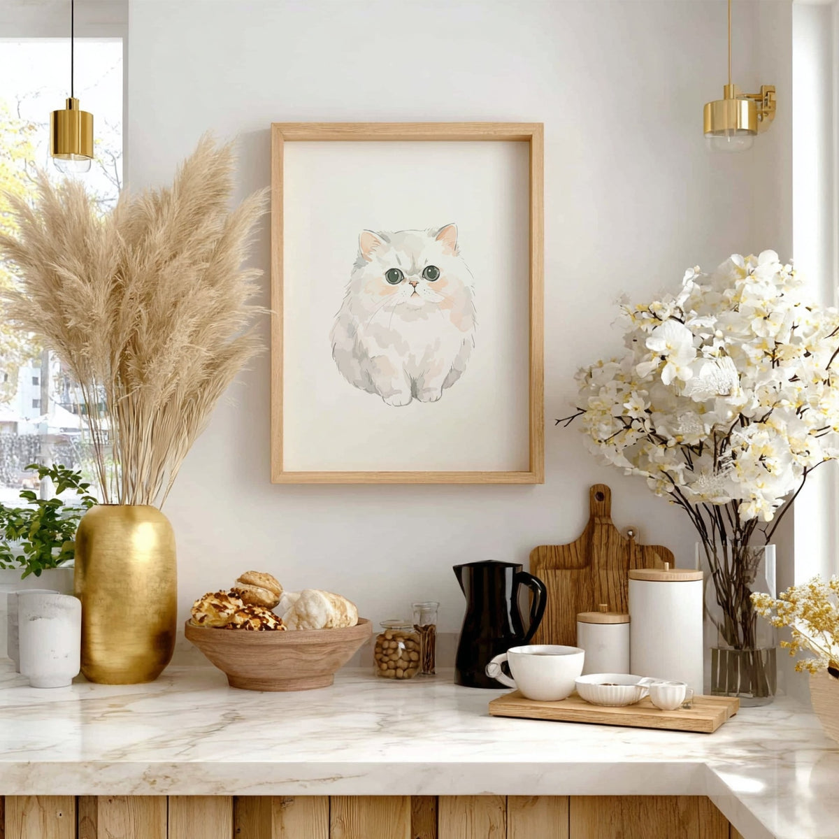Poster featuring a fluffy cream Persian cat with large eyes in a soft illustration.