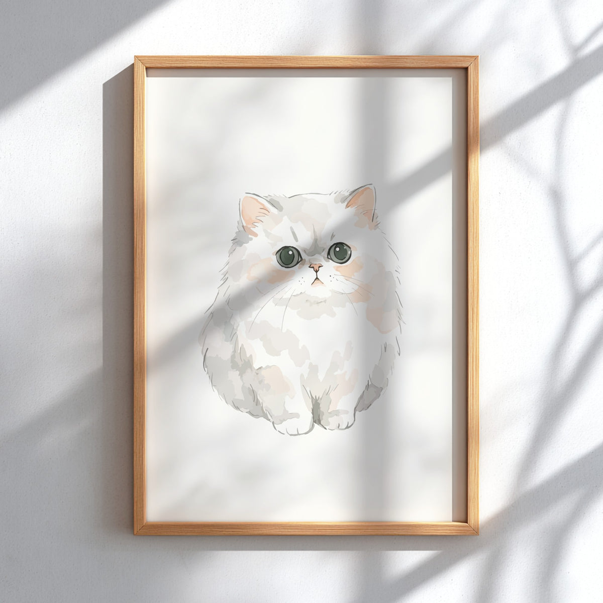 Poster featuring a fluffy cream Persian cat with large eyes in a soft illustration.