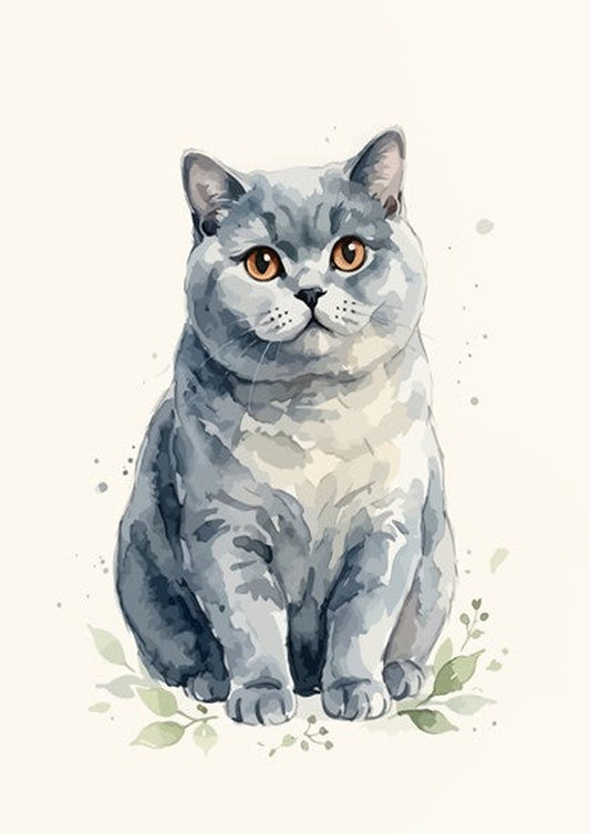 Poster of a grey British Shorthair cat with amber eyes in watercolour style