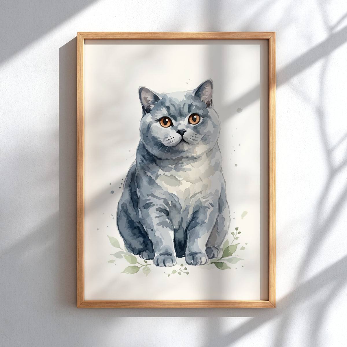 Poster of a grey British Shorthair cat with amber eyes in watercolour style