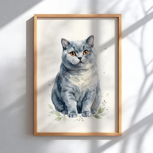 Poster of a grey British Shorthair cat with amber eyes in watercolour style