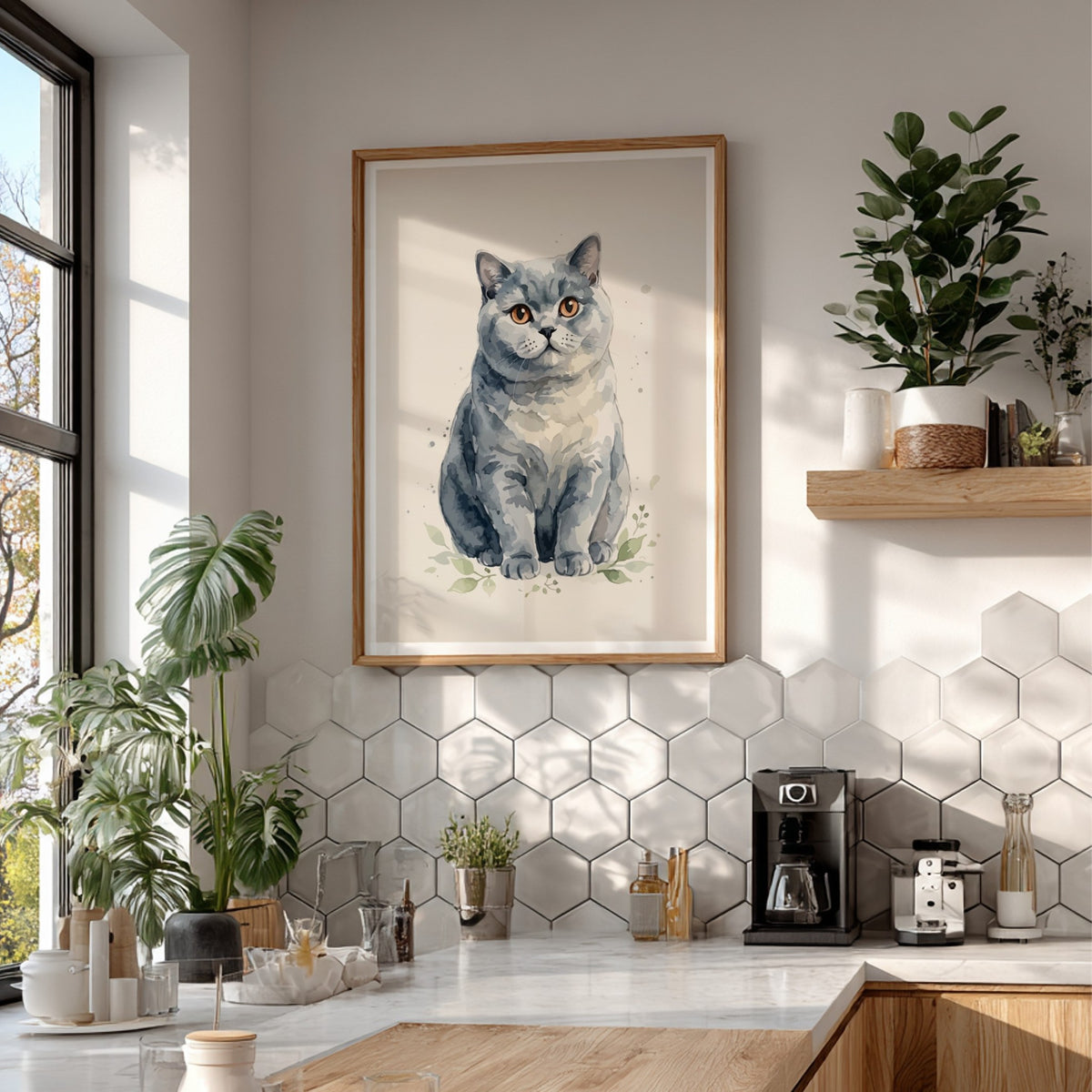 Poster of a grey British Shorthair cat with amber eyes in watercolour style