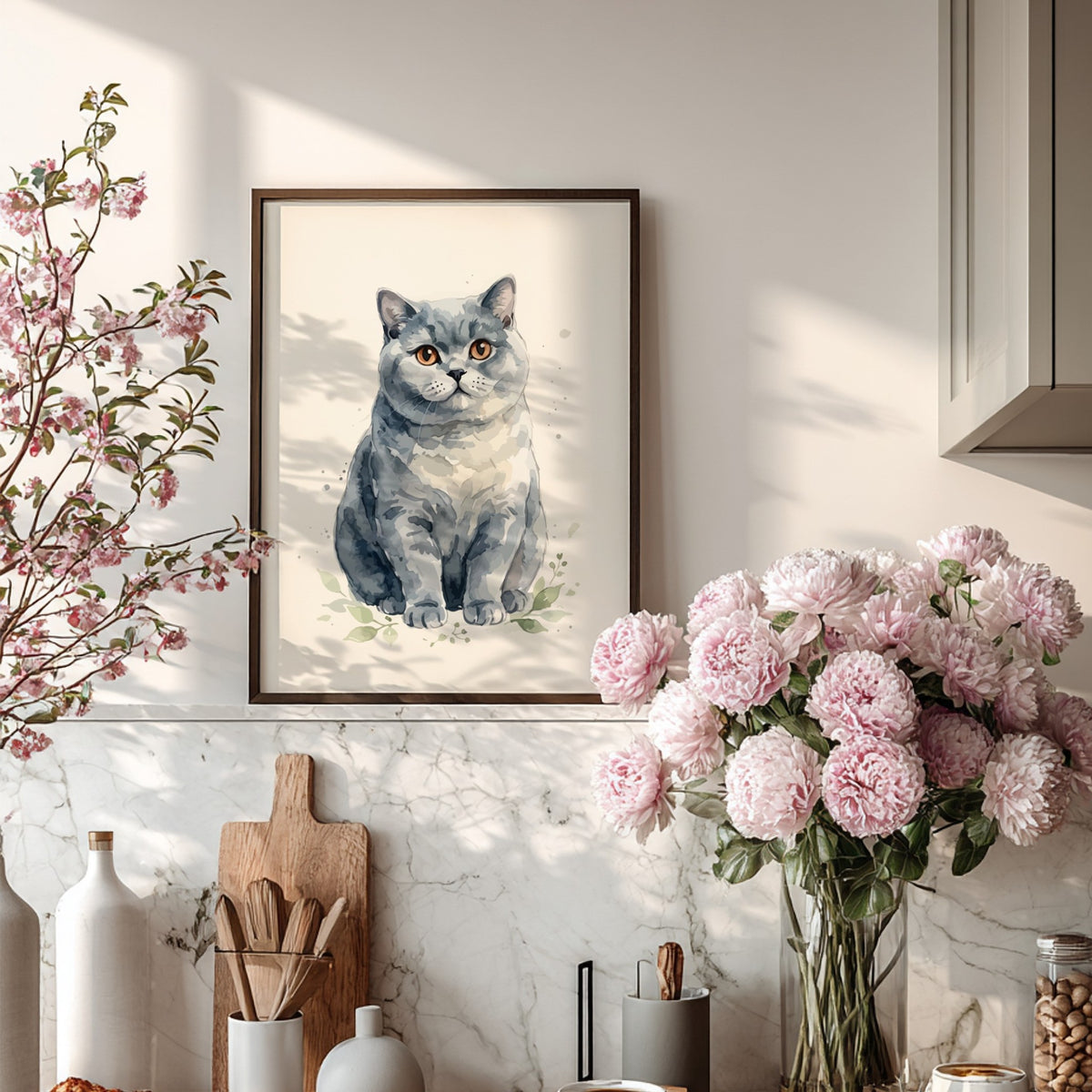 Poster of a grey British Shorthair cat with amber eyes in watercolour style