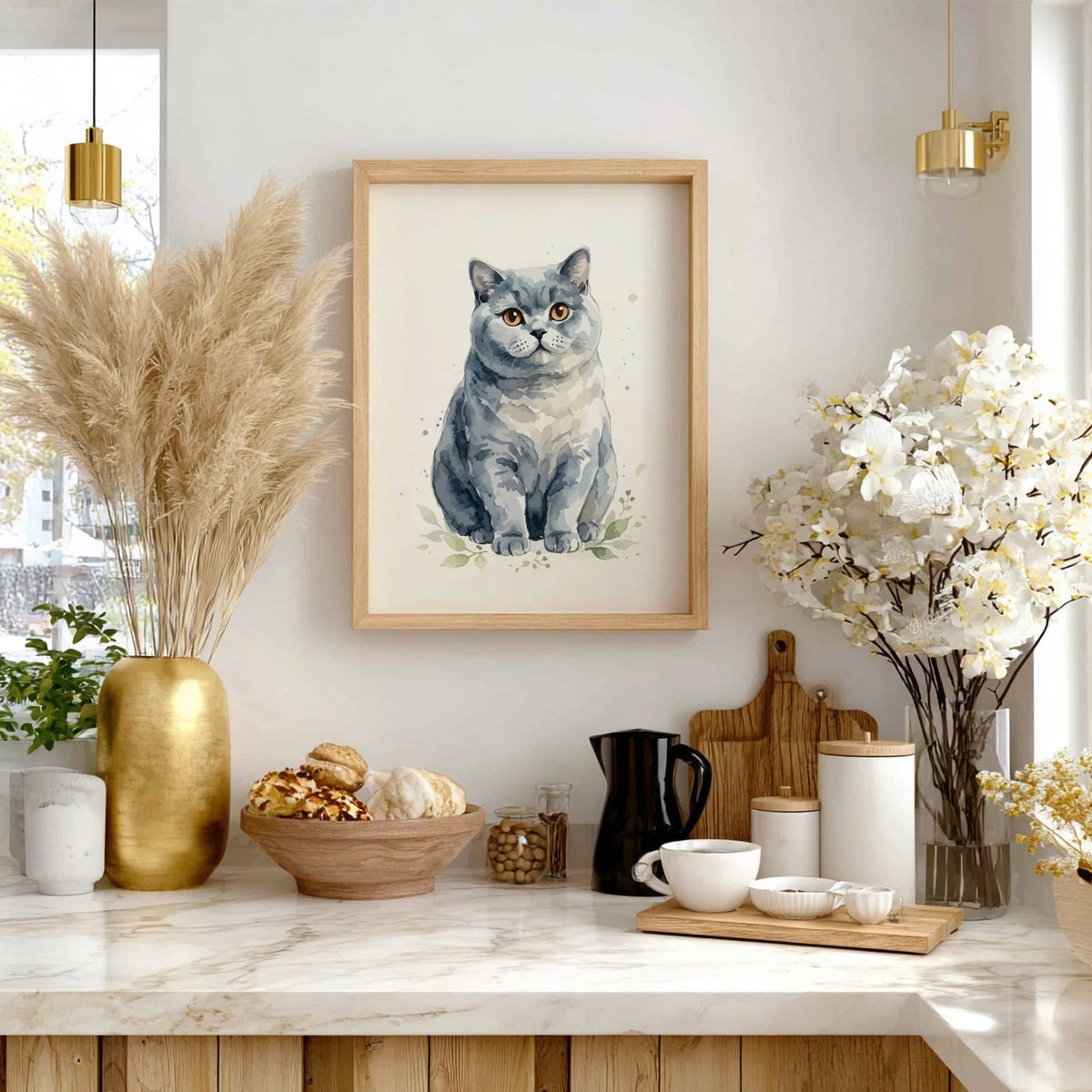Poster of a grey British Shorthair cat with amber eyes in watercolour style