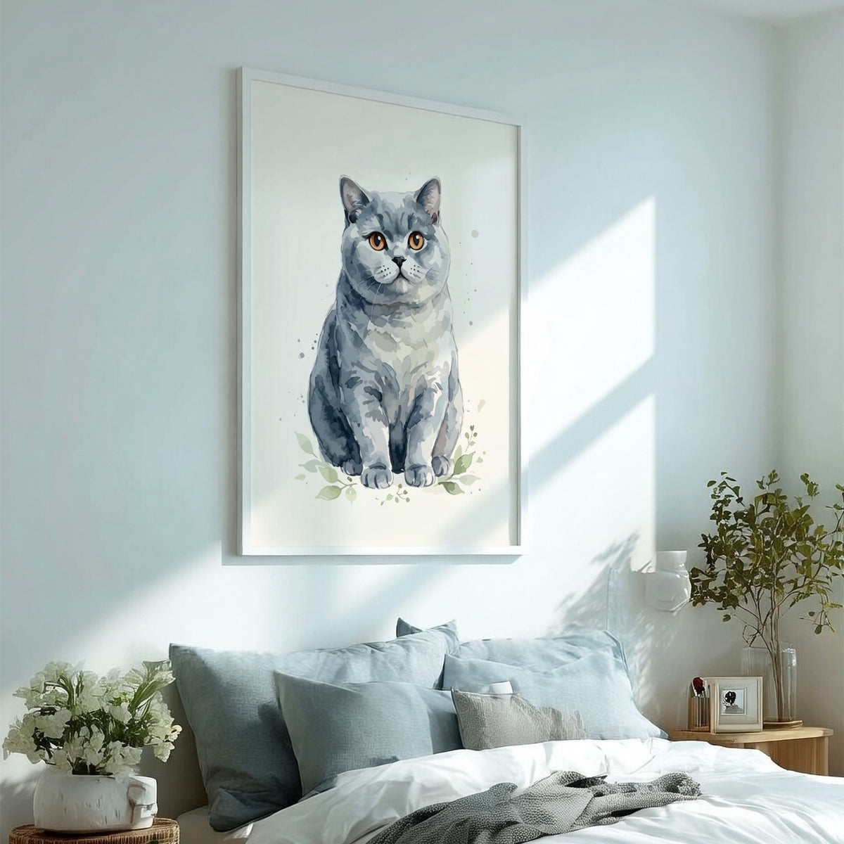 Poster of a grey British Shorthair cat with amber eyes in watercolour style