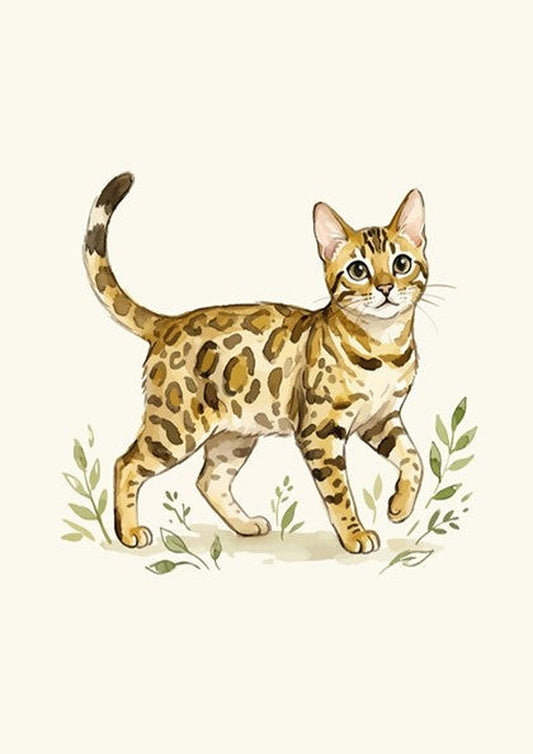 Poster featuring a watercolour illustration of a spotted Bengal cat walking through green foliage.