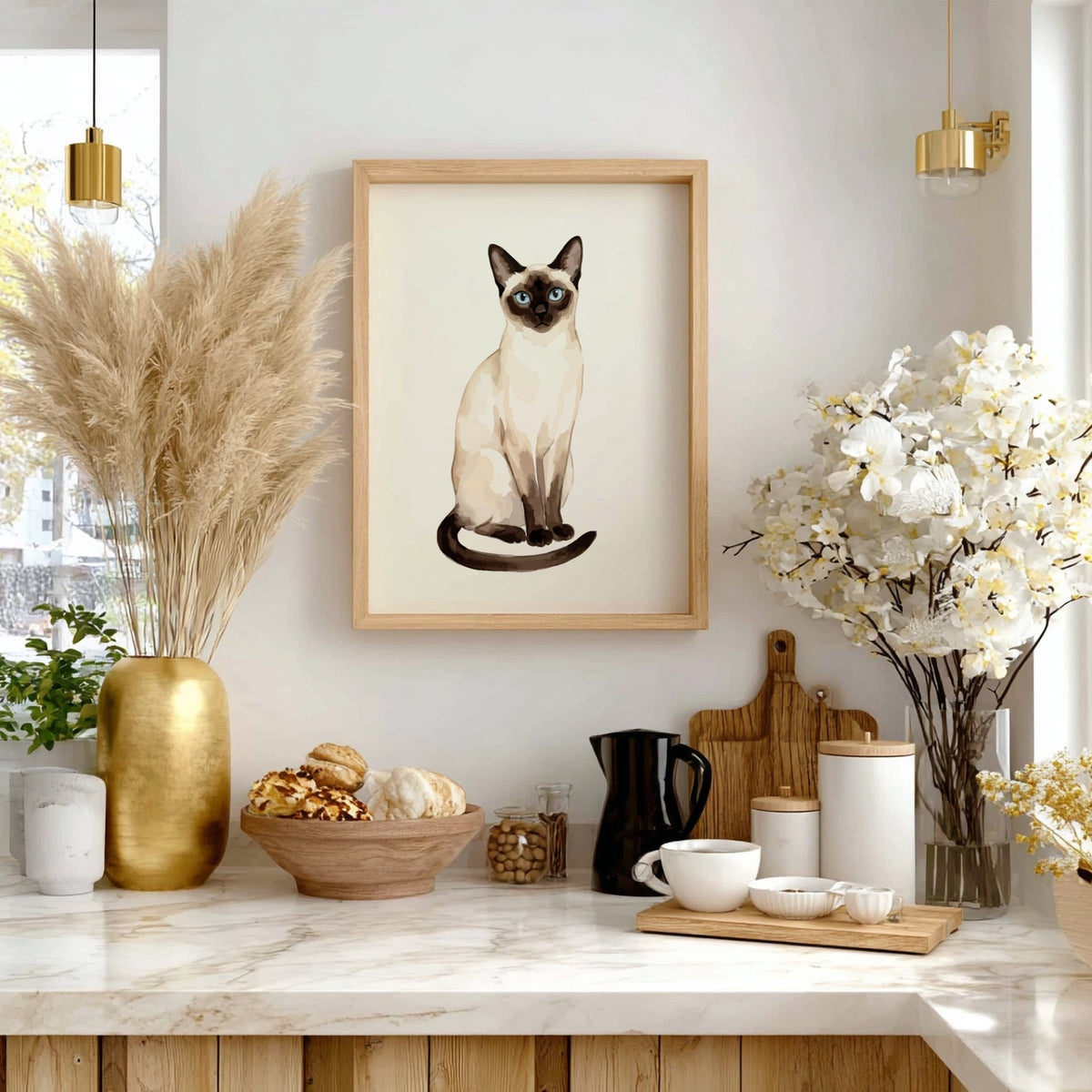 Poster featuring an elegant Siamese cat with striking blue eyes and dark chocolate points.