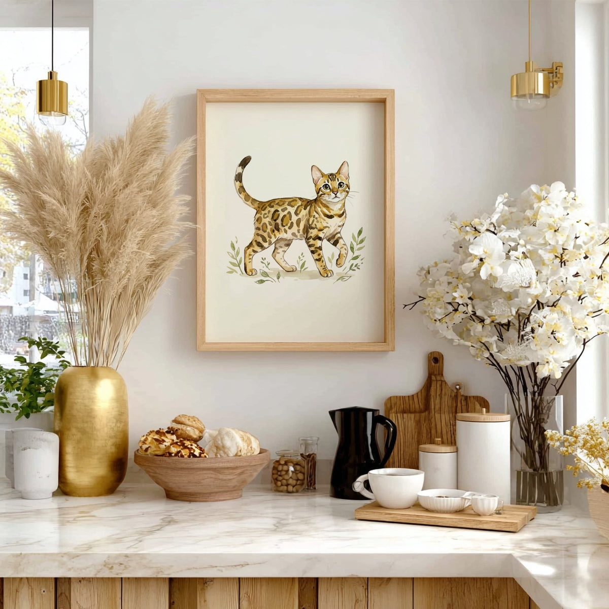 Poster featuring a watercolour illustration of a spotted Bengal cat walking through green foliage.