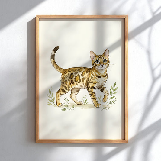Poster featuring a watercolour illustration of a spotted Bengal cat walking through green foliage.