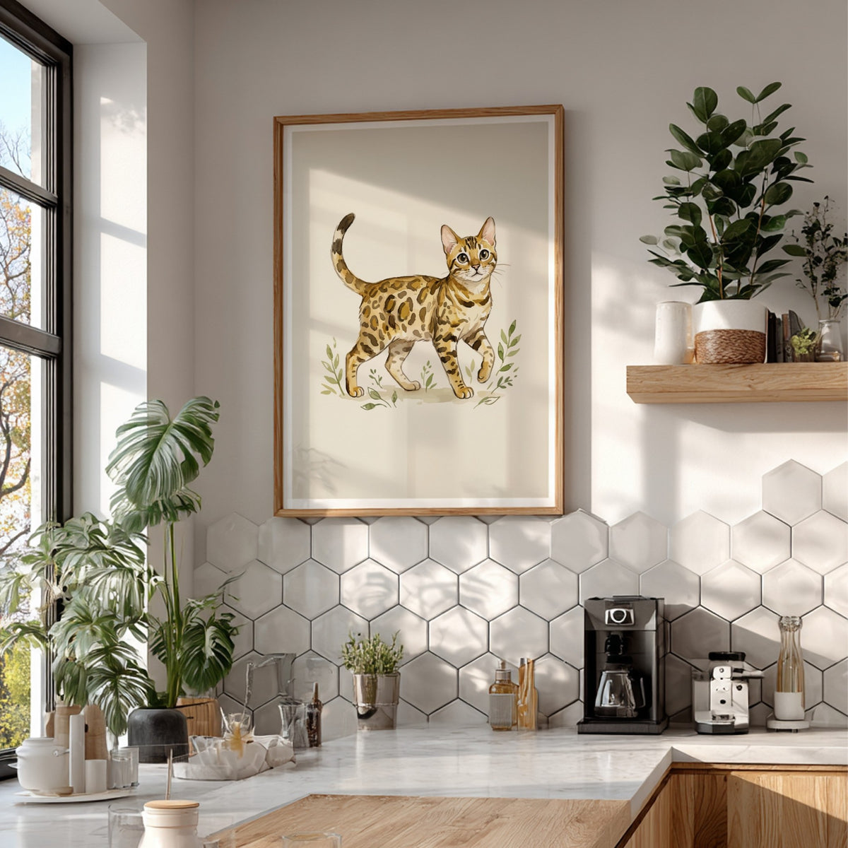 Poster featuring a watercolour illustration of a spotted Bengal cat walking through green foliage.