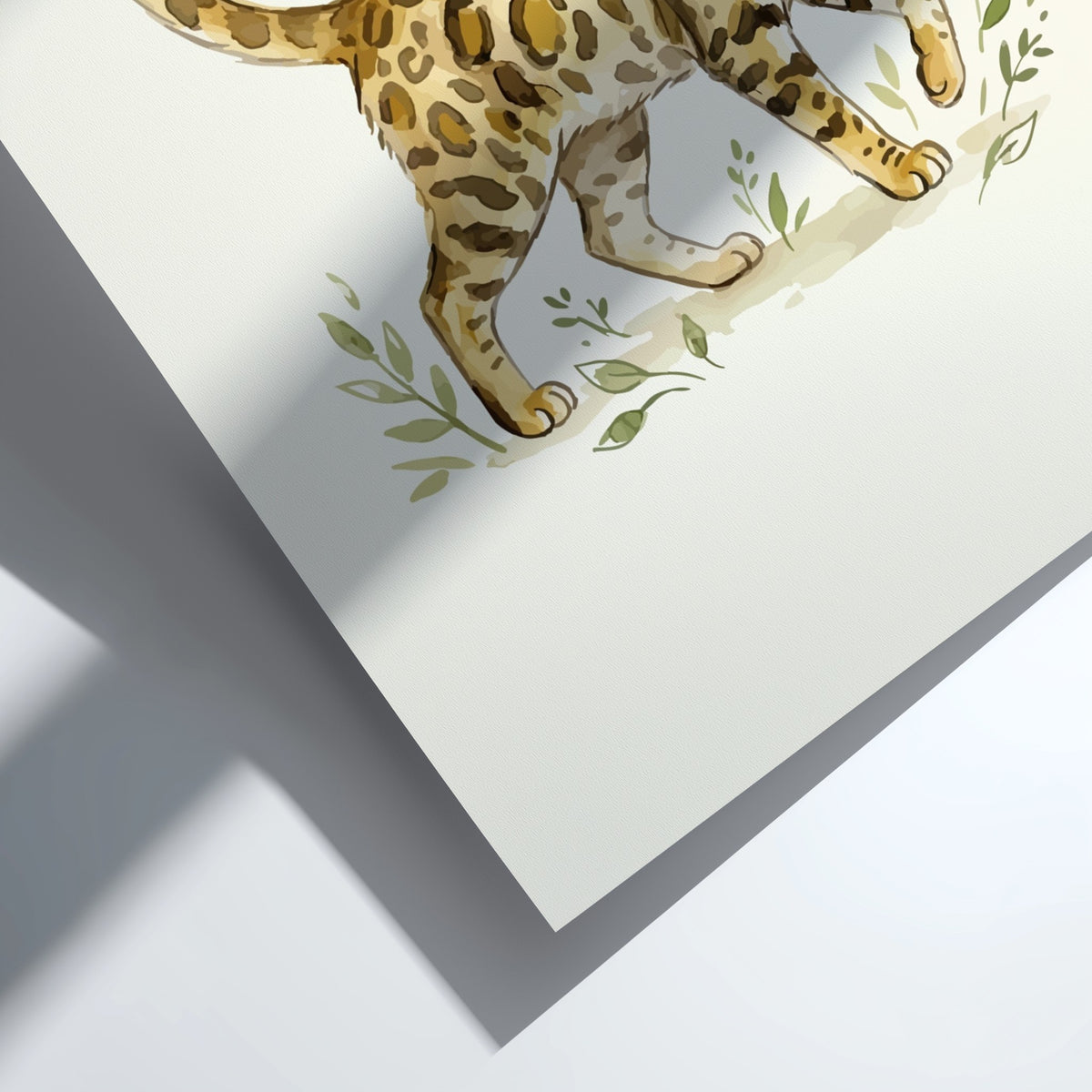 Poster featuring a watercolour illustration of a spotted Bengal cat walking through green foliage.