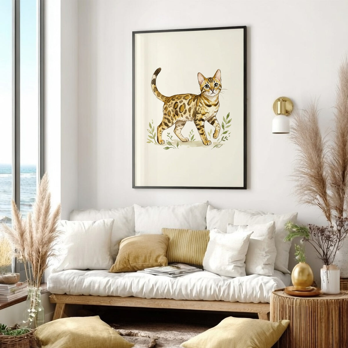 Poster featuring a watercolour illustration of a spotted Bengal cat walking through green foliage.