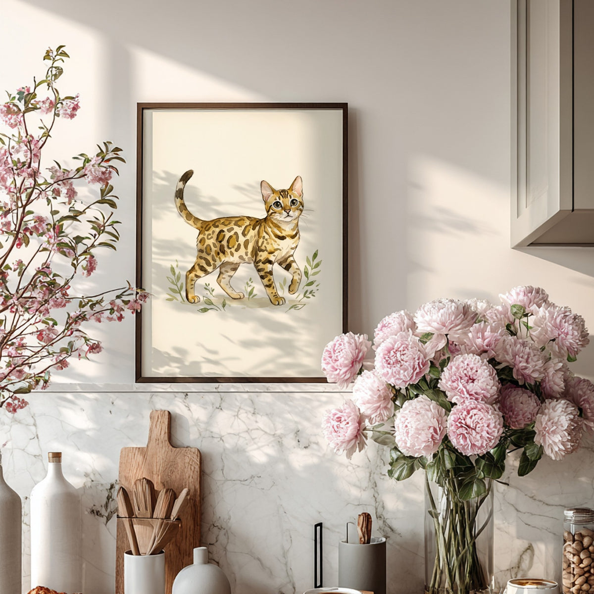Poster featuring a watercolour illustration of a spotted Bengal cat walking through green foliage.
