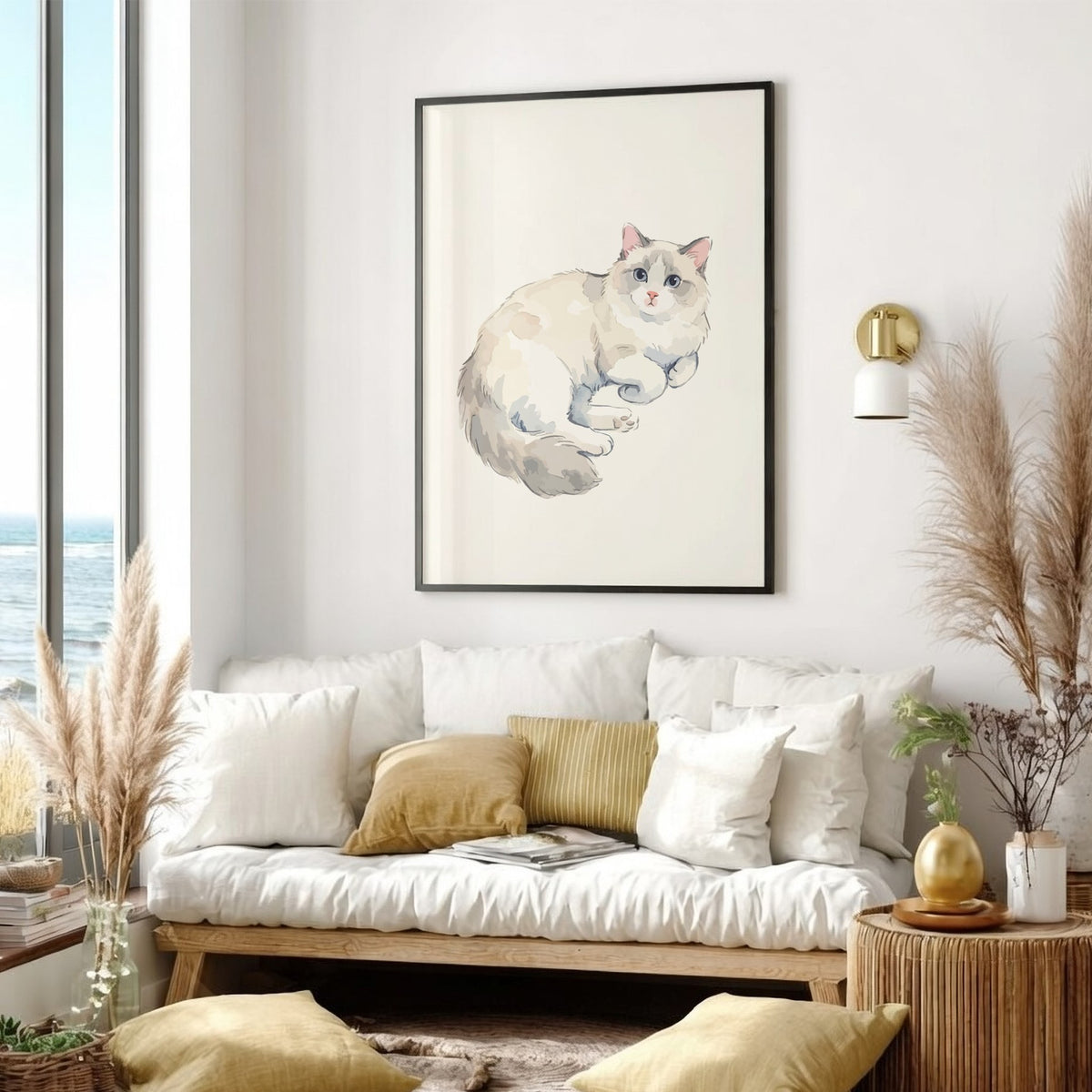 Poster of a fluffy Ragdoll cat with blue eyes in soft watercolour style illustration.