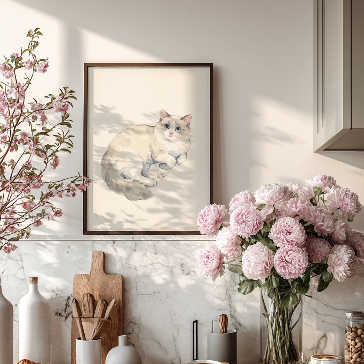 Poster of a fluffy Ragdoll cat with blue eyes in soft watercolour style illustration.