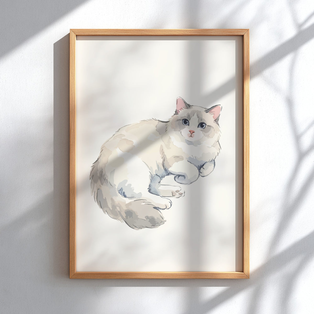 Poster of a fluffy Ragdoll cat with blue eyes in soft watercolour style illustration.