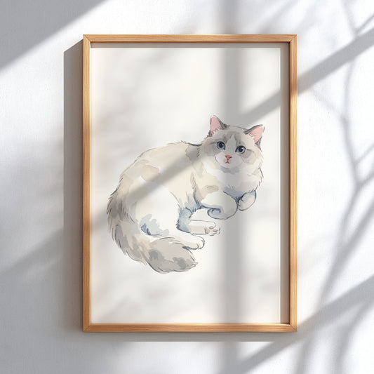 Poster of a fluffy Ragdoll cat with blue eyes in soft watercolour style illustration.