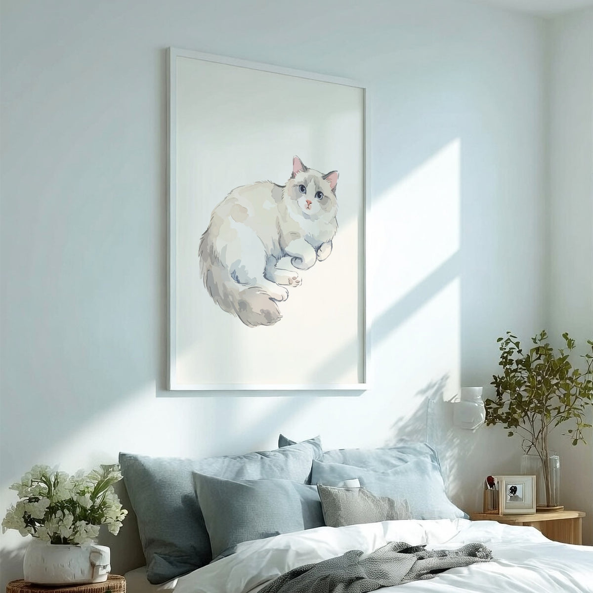 Poster of a fluffy Ragdoll cat with blue eyes in soft watercolour style illustration.
