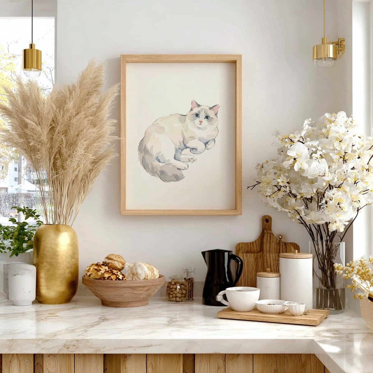 Poster of a fluffy Ragdoll cat with blue eyes in soft watercolour style illustration.