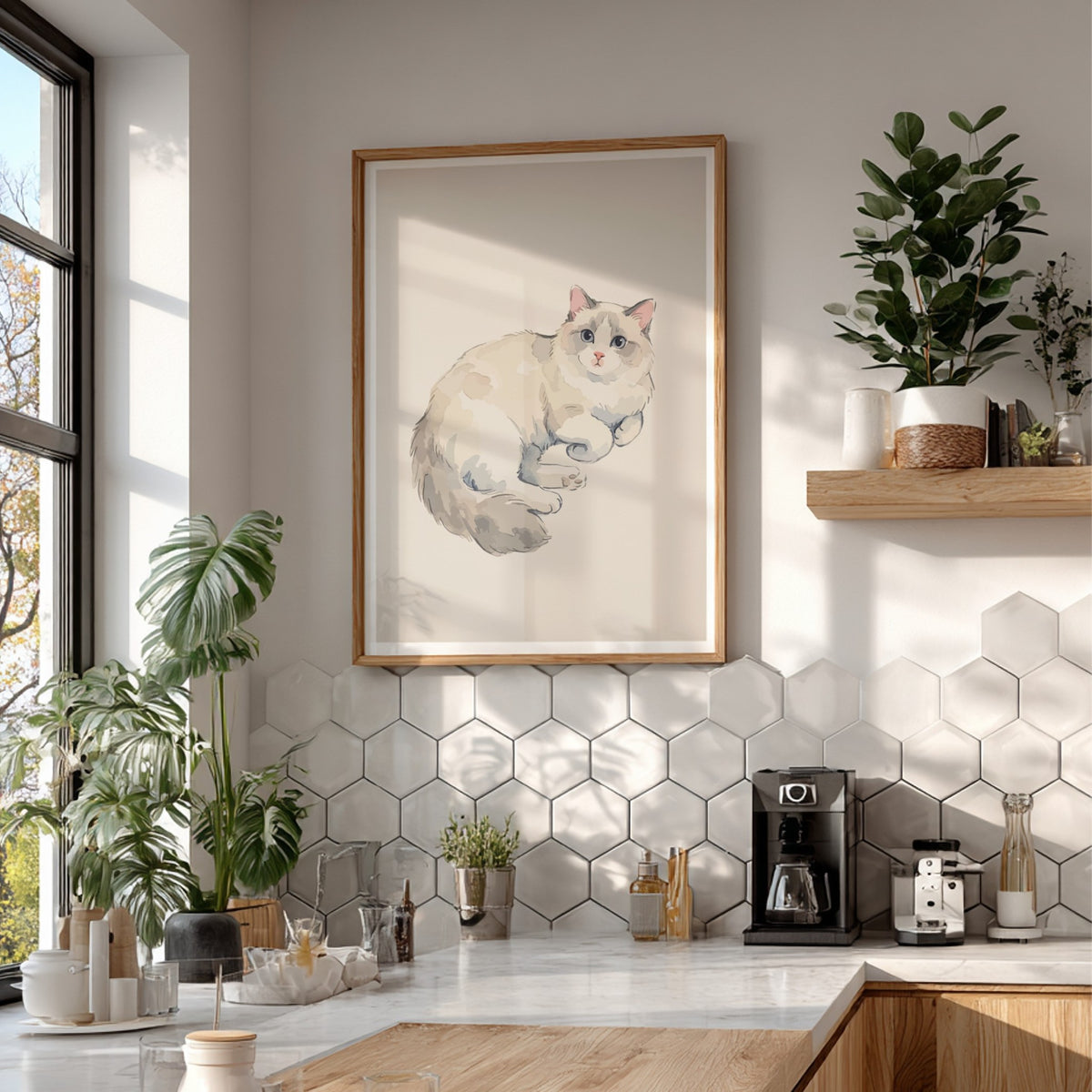 Poster of a fluffy Ragdoll cat with blue eyes in soft watercolour style illustration.