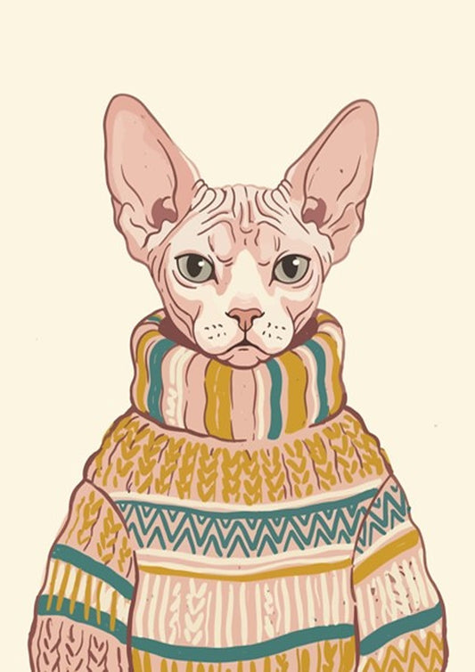 Poster of a Sphynx cat wearing a patterned knit turtleneck sweater in warm colours