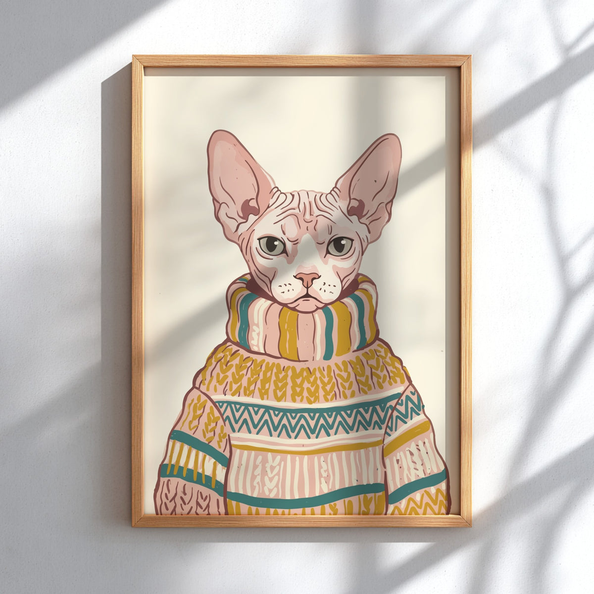 Poster of a Sphynx cat wearing a patterned knit turtleneck sweater in warm colours