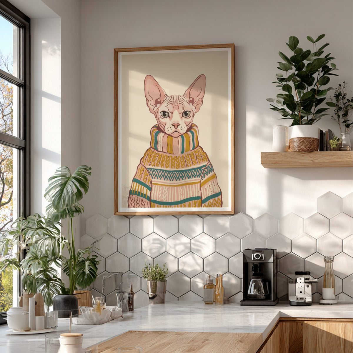 Poster of a Sphynx cat wearing a patterned knit turtleneck sweater in warm colours