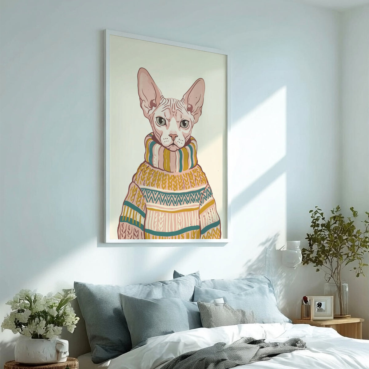 Poster of a Sphynx cat wearing a patterned knit turtleneck sweater in warm colours