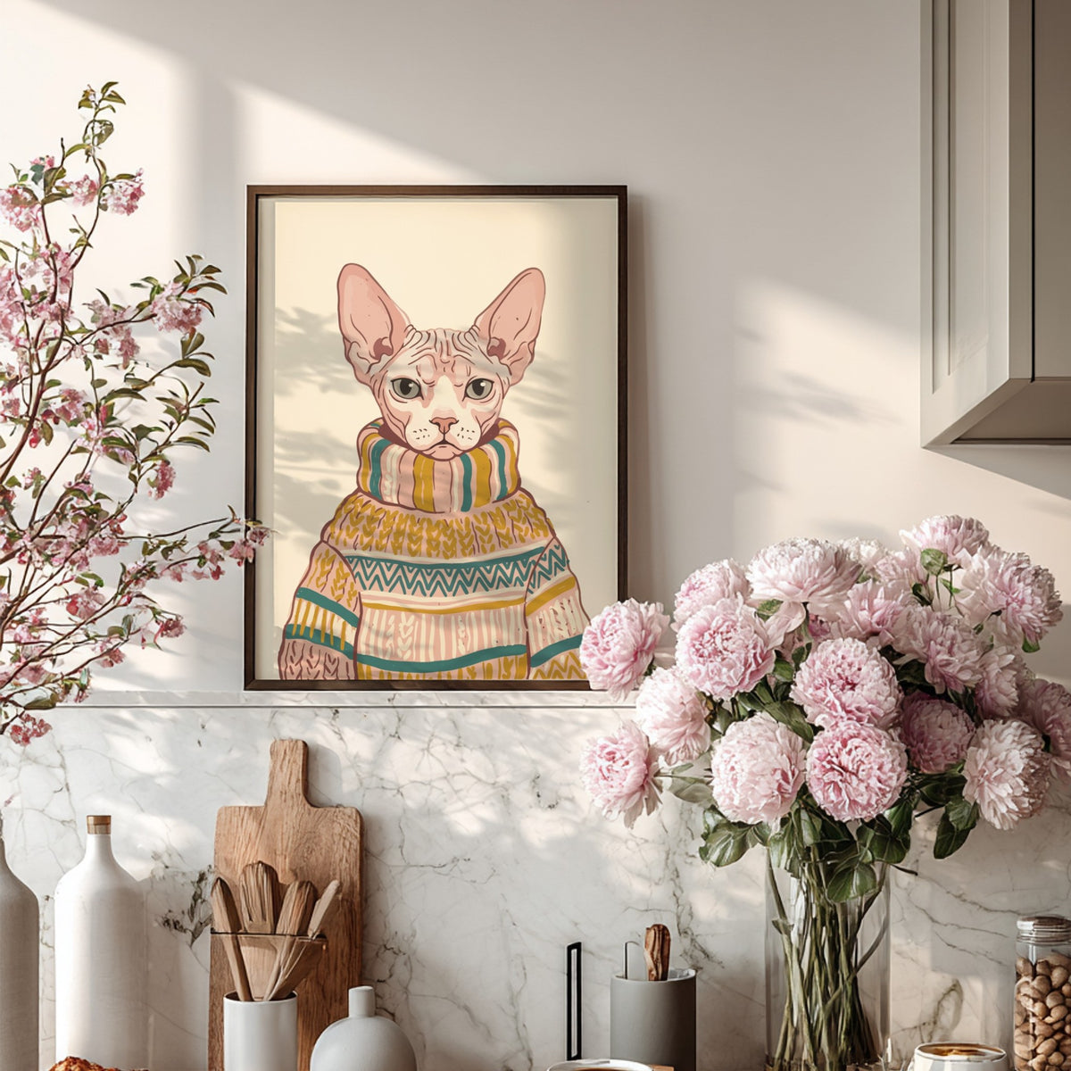 Poster of a Sphynx cat wearing a patterned knit turtleneck sweater in warm colours