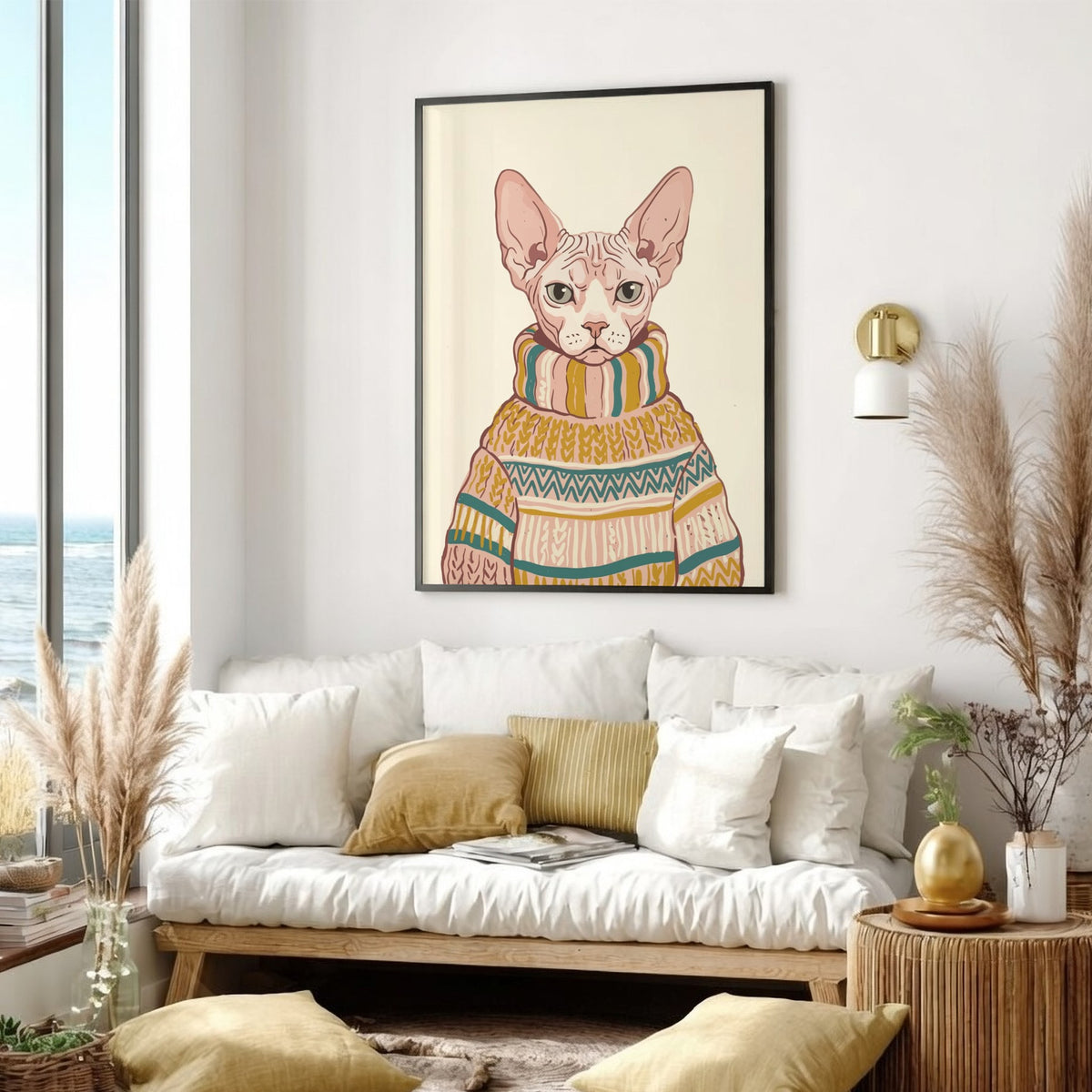 Poster of a Sphynx cat wearing a patterned knit turtleneck sweater in warm colours