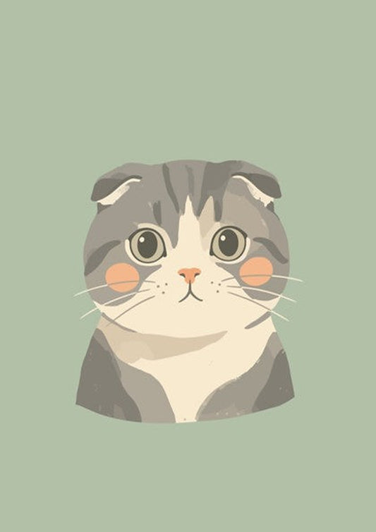 Poster featuring a cute Scottish Fold cat illustration with grey fur and pink cheeks
