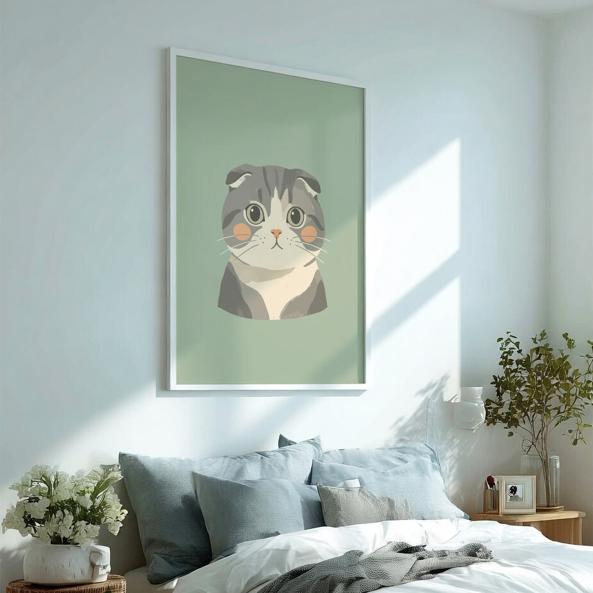 Poster featuring a cute Scottish Fold cat illustration with grey fur and pink cheeks