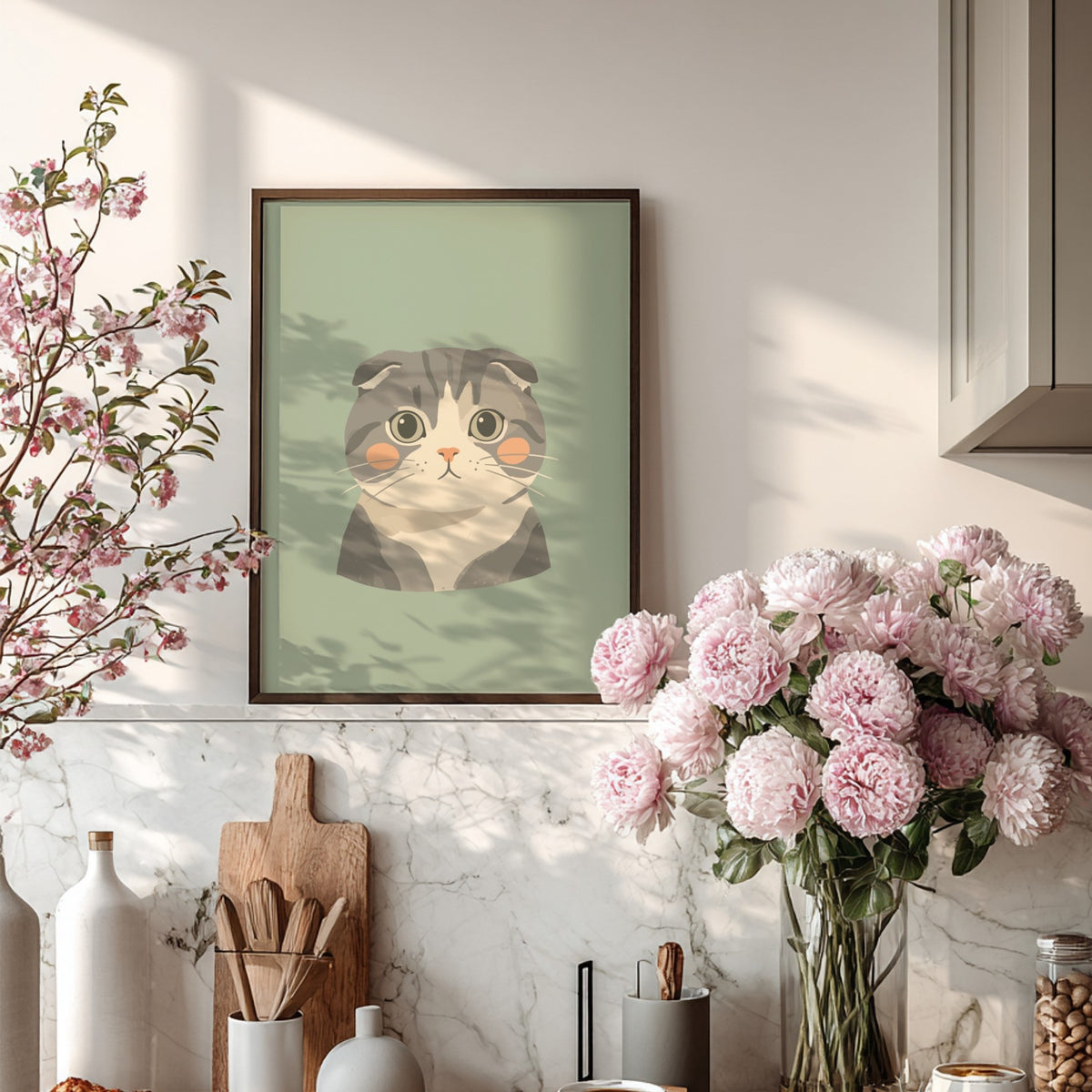 Poster featuring a cute Scottish Fold cat illustration with grey fur and pink cheeks