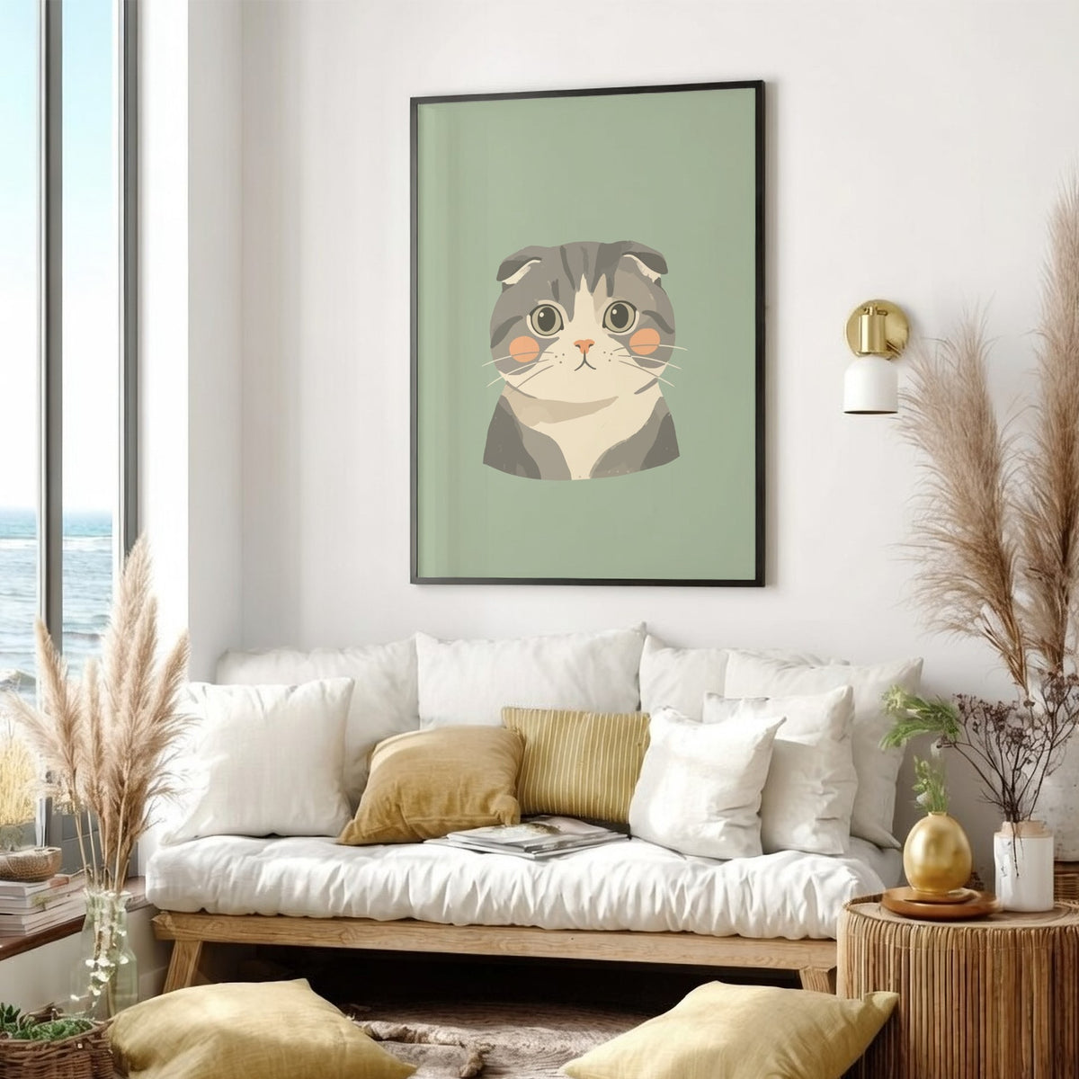Poster featuring a cute Scottish Fold cat illustration with grey fur and pink cheeks