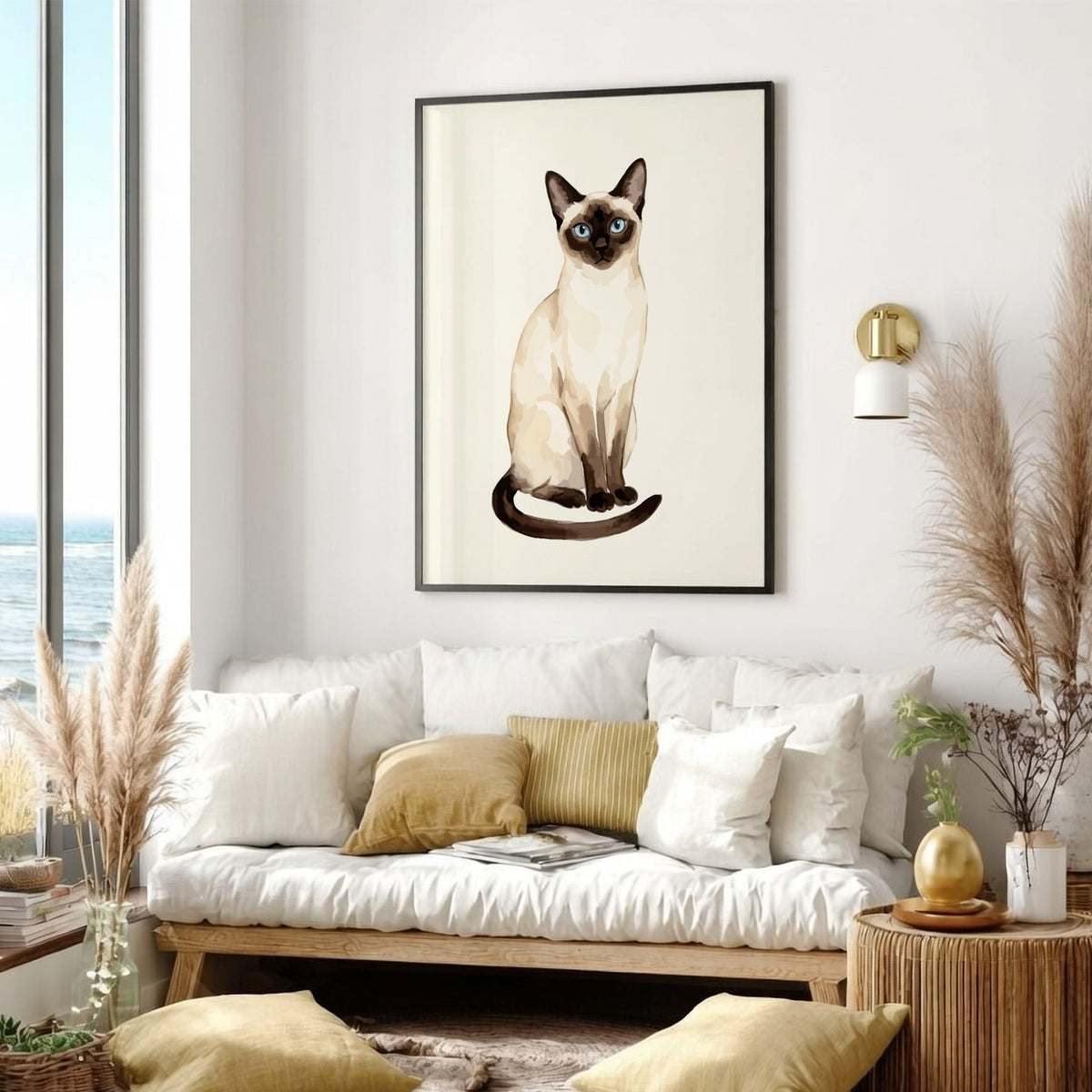 Poster featuring an elegant Siamese cat with striking blue eyes and dark chocolate points.