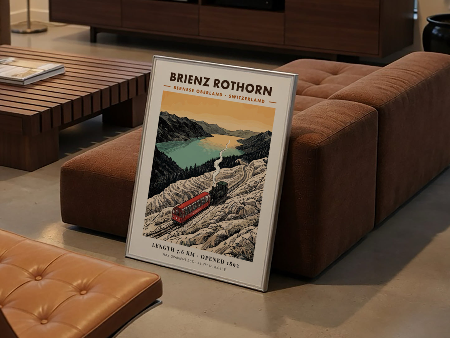 Poster of a red steam train climbing the rocky Brienz Rothorn mountain in Switzerland.