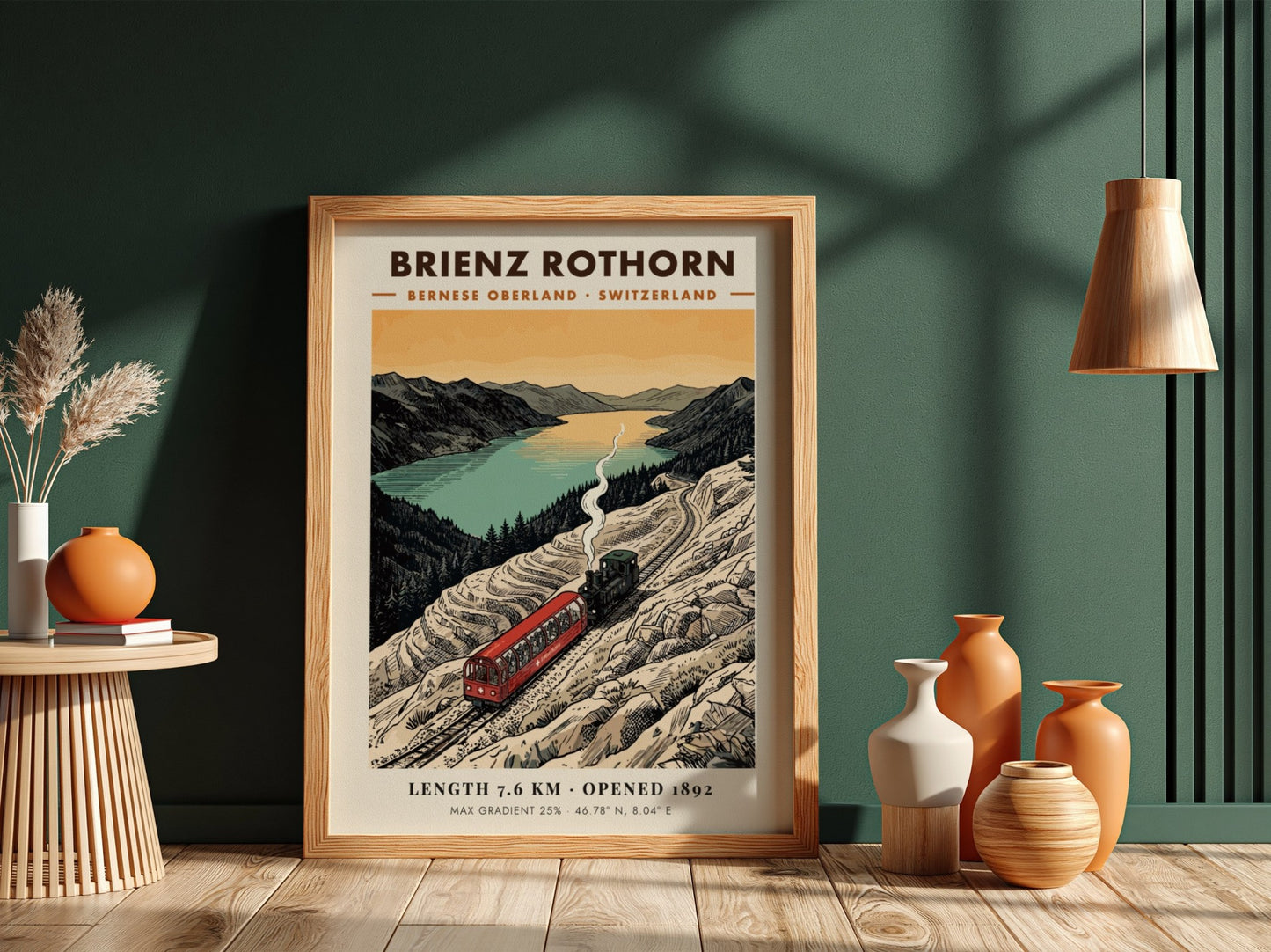 Poster of a red steam train climbing the rocky Brienz Rothorn mountain in Switzerland.