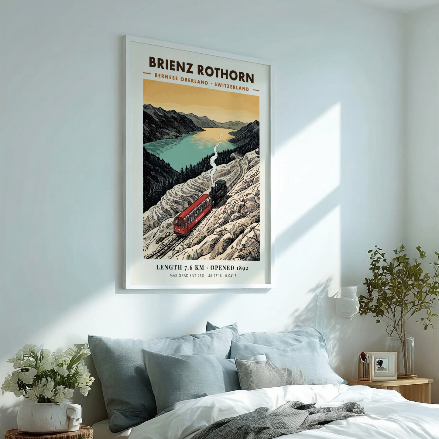 Poster of a red steam train climbing the rocky Brienz Rothorn mountain in Switzerland.