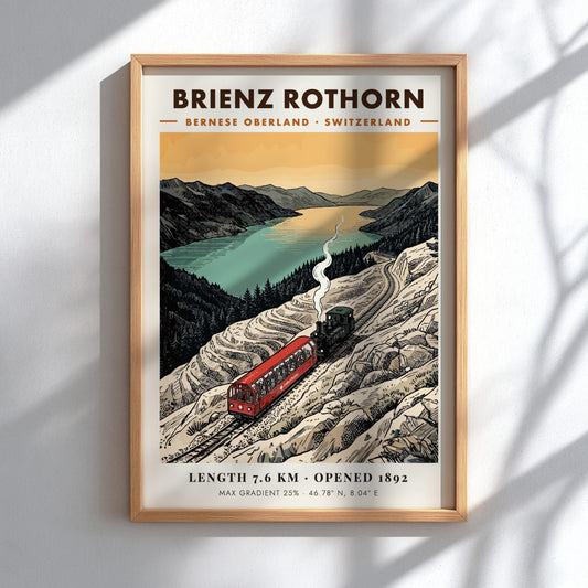 Poster of a red steam train climbing the rocky Brienz Rothorn mountain in Switzerland.
